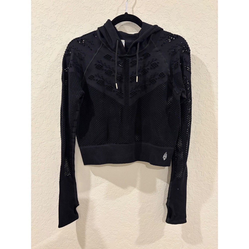 FP Movement Free People Black Mesh Cropped Hoodie M/L Activewear Thumbholes